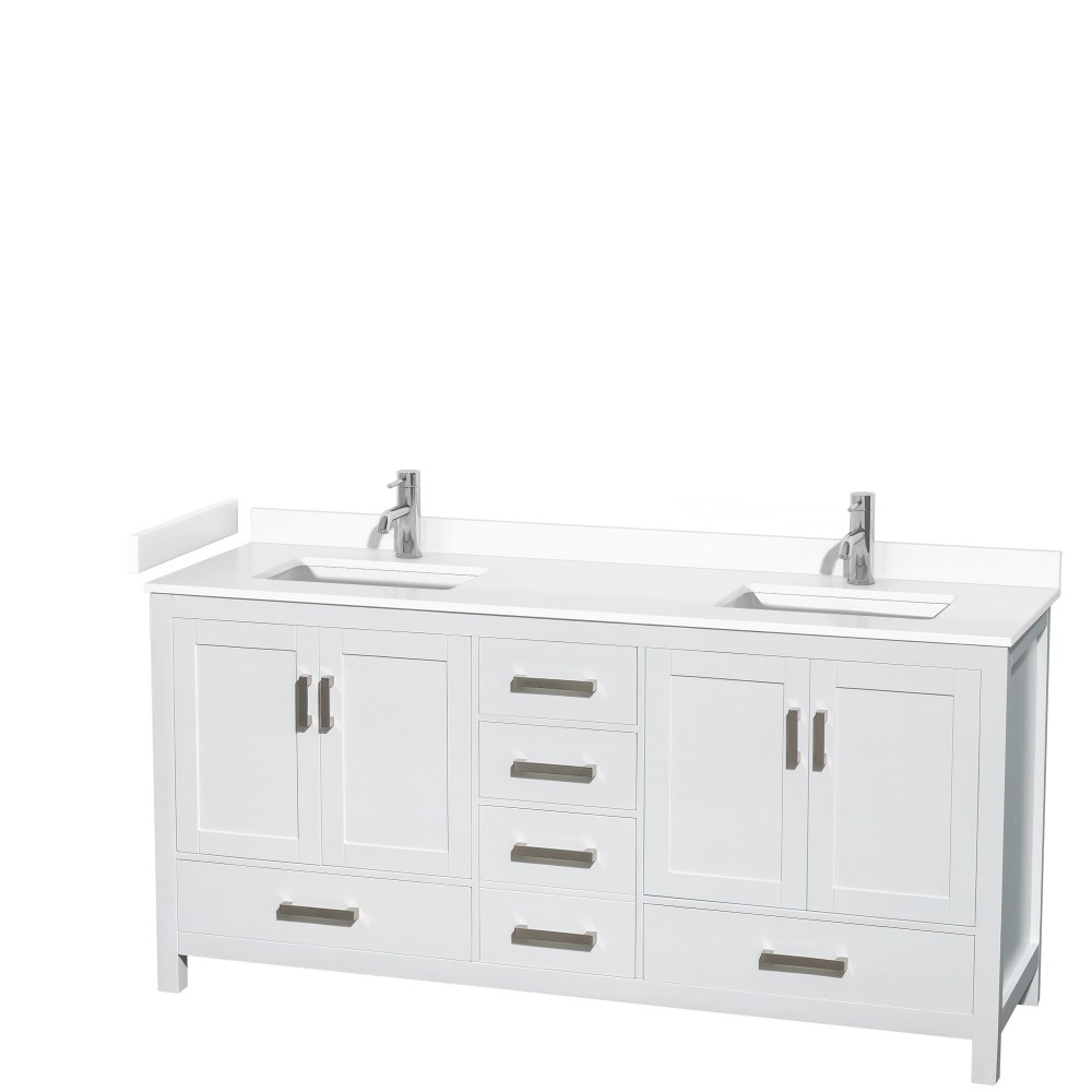 72 Inch Double Bathroom Vanity in White, White Cultured Marble Countertop, Sinks, No Mirror