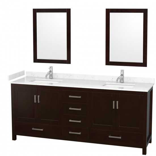 80 Inch Double Bathroom Vanity in Espresso, Carrara Cultured Marble Countertop, Sinks, 24 Inch Mirrors