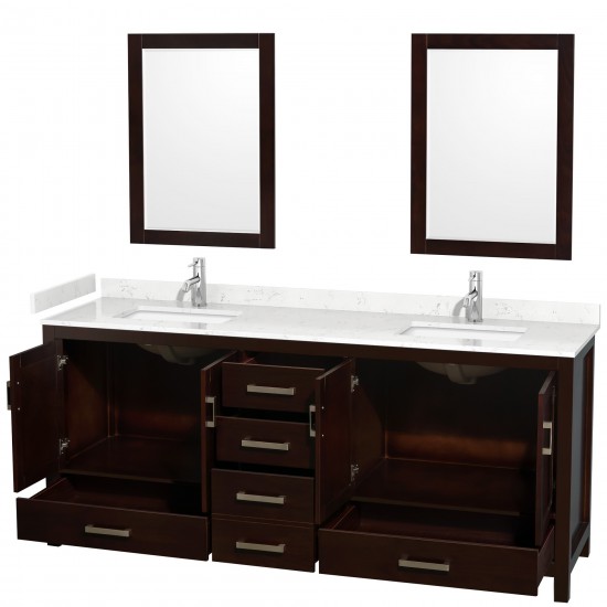 80 Inch Double Bathroom Vanity in Espresso, Carrara Cultured Marble Countertop, Sinks, 24 Inch Mirrors