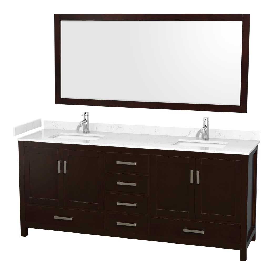 80 Inch Double Bathroom Vanity in Espresso, Carrara Cultured Marble Countertop, Sinks, 70 Inch Mirror