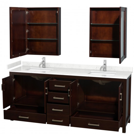 80 Inch Double Bathroom Vanity in Espresso, Carrara Cultured Marble Countertop, Sinks, Medicine Cabinets