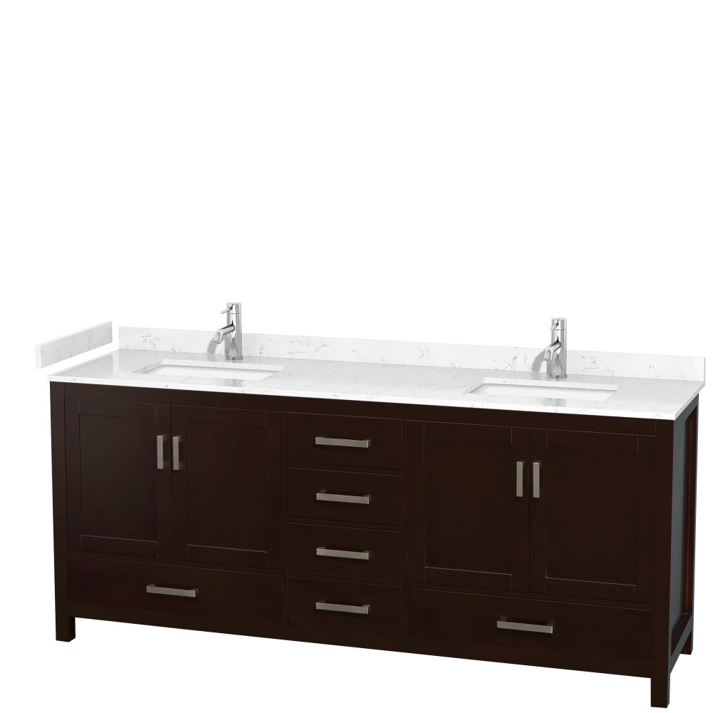 80 Inch Double Bathroom Vanity in Espresso, Carrara Cultured Marble Countertop, Sinks, No Mirror