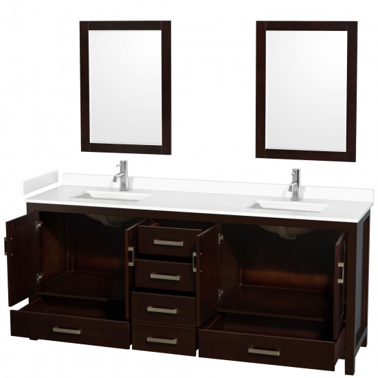 80 Inch Double Bathroom Vanity in Espresso, White Cultured Marble Countertop, Sinks, 24 Inch Mirrors