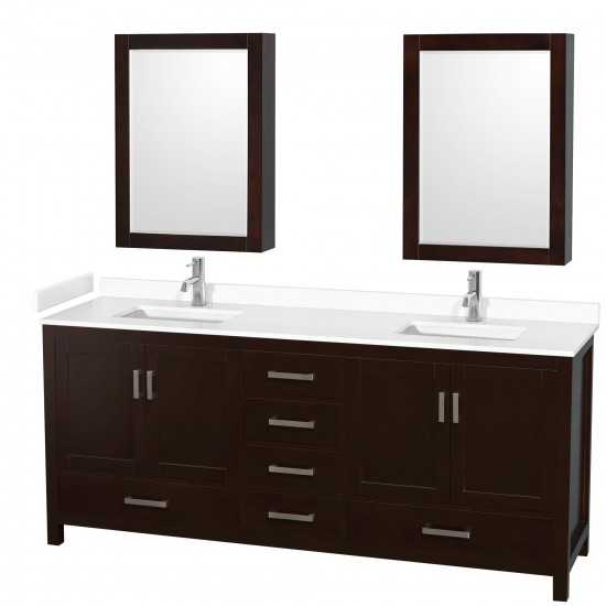 80 Inch Double Bathroom Vanity in Espresso, White Cultured Marble Countertop, Sinks, Medicine Cabinets