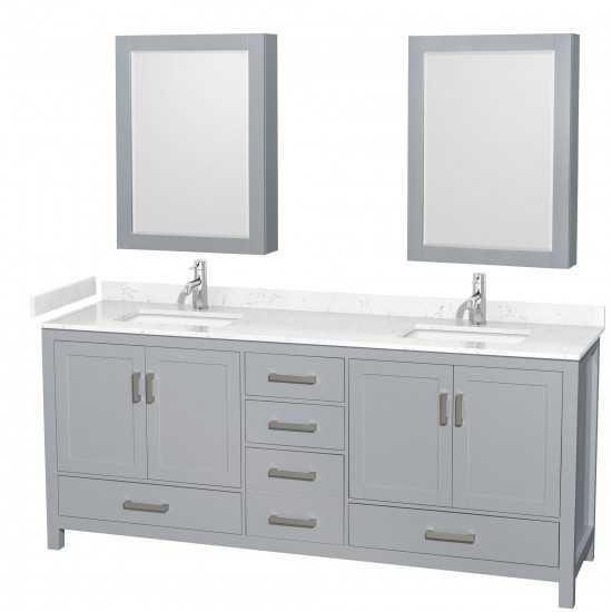 80 Inch Double Bathroom Vanity in Gray, Carrara Cultured Marble Countertop, Sinks, Medicine Cabinets