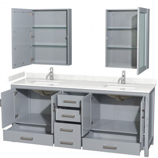 80 Inch Double Bathroom Vanity in Gray, Carrara Cultured Marble Countertop, Sinks, Medicine Cabinets