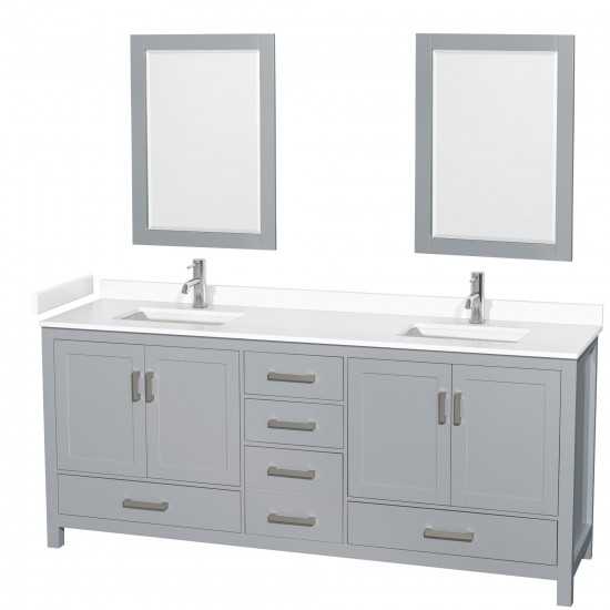 80 Inch Double Bathroom Vanity in Gray, White Cultured Marble Countertop, Sinks, 24 Inch Mirrors