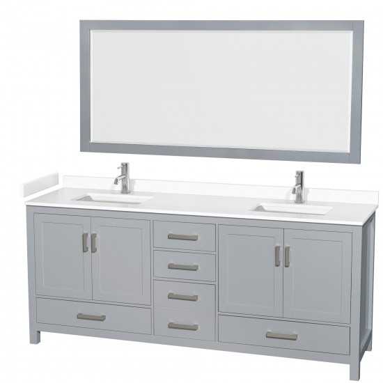 80 Inch Double Bathroom Vanity in Gray, White Cultured Marble Countertop, Sinks, 70 Inch Mirror