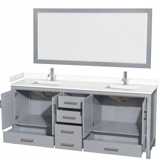 80 Inch Double Bathroom Vanity in Gray, White Cultured Marble Countertop, Sinks, 70 Inch Mirror