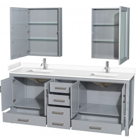 80 Inch Double Bathroom Vanity in Gray, White Cultured Marble Countertop, Sinks, Medicine Cabinets