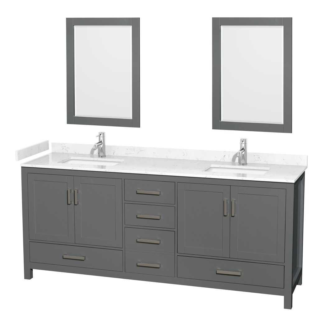 80 Inch Double Bathroom Vanity in Dark Gray, Carrara Cultured Marble Countertop, Sinks, 24 Inch Mirrors