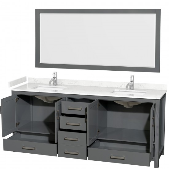 80 Inch Double Bathroom Vanity in Dark Gray, Carrara Cultured Marble Countertop, Sinks, 70 Inch Mirror