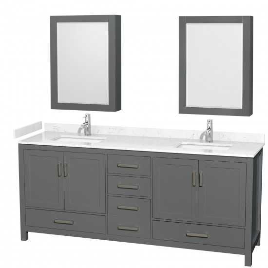 80 Inch Double Bathroom Vanity in Dark Gray, Carrara Cultured Marble Countertop, Sinks, Medicine Cabinets