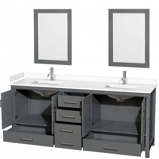 80 Inch Double Bathroom Vanity in Dark Gray, White Cultured Marble Countertop, Sinks, 24 Inch Mirrors