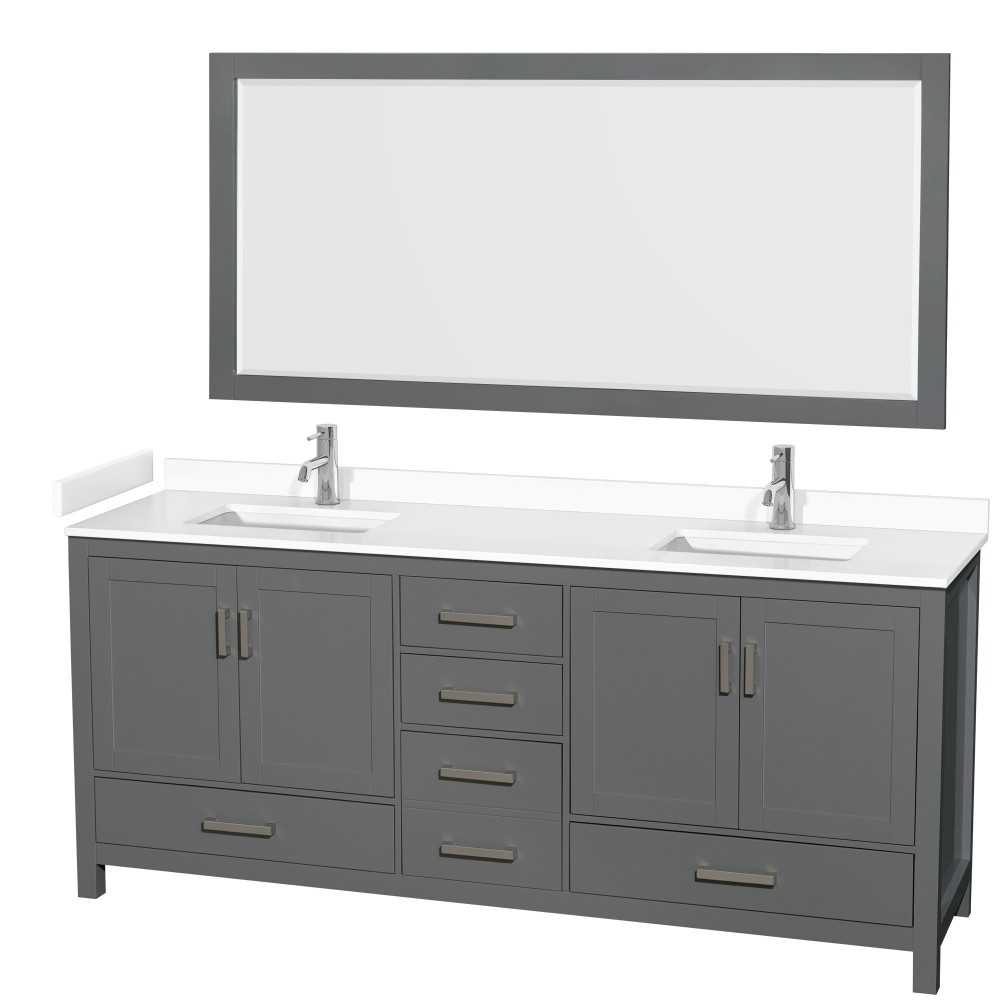 80 Inch Double Bathroom Vanity in Dark Gray, White Cultured Marble Countertop, Sinks, 70 Inch Mirror