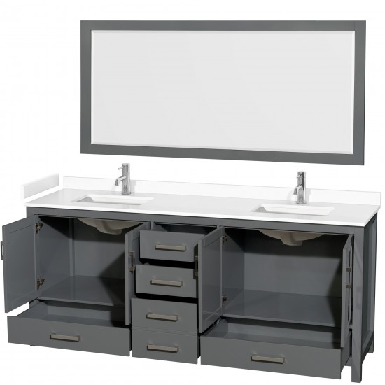 80 Inch Double Bathroom Vanity in Dark Gray, White Cultured Marble Countertop, Sinks, 70 Inch Mirror