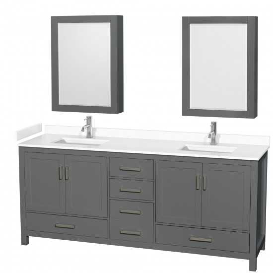 80 Inch Double Bathroom Vanity in Dark Gray, White Cultured Marble Countertop, Sinks, Medicine Cabinets