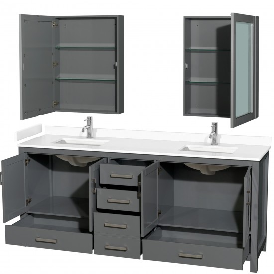 80 Inch Double Bathroom Vanity in Dark Gray, White Cultured Marble Countertop, Sinks, Medicine Cabinets