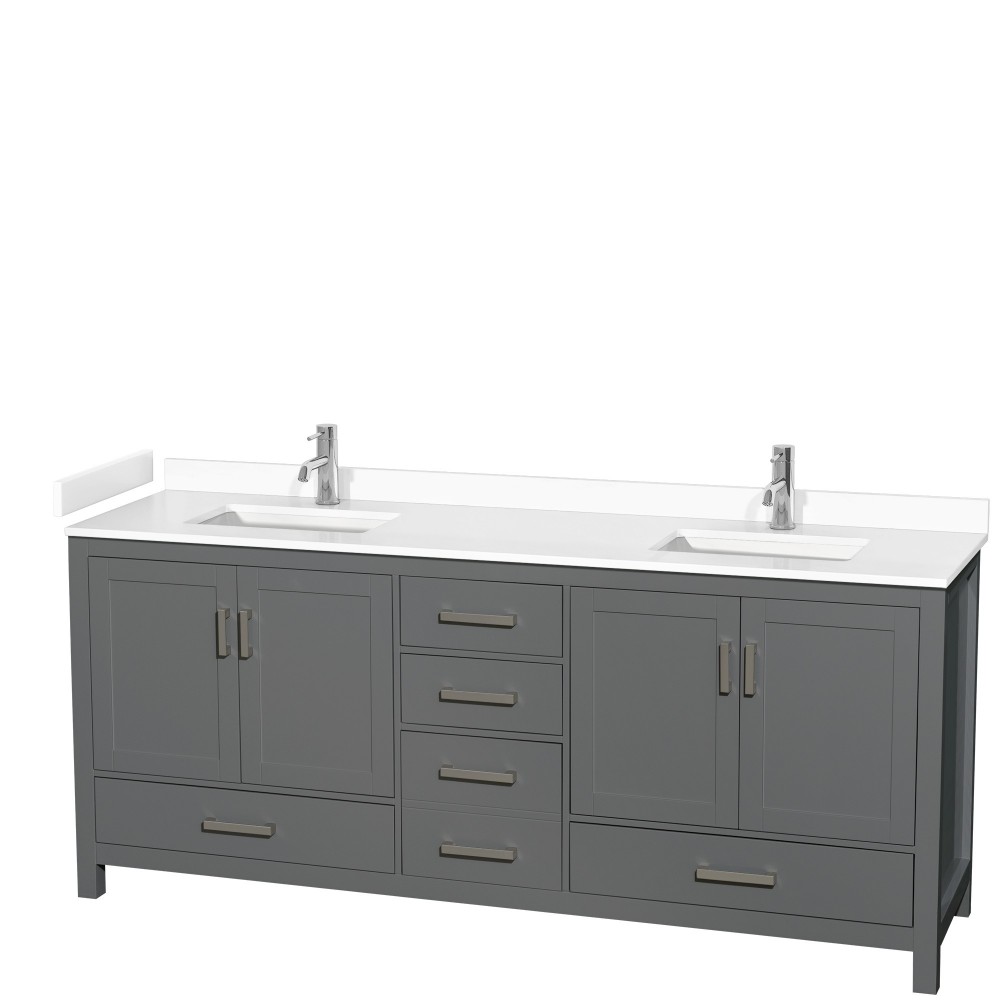 80 Inch Double Bathroom Vanity in Dark Gray, White Cultured Marble Countertop, Sinks, No Mirror