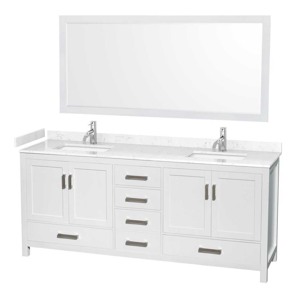 80 Inch Double Bathroom Vanity in White, Carrara Cultured Marble Countertop, Sinks, 70 Inch Mirror