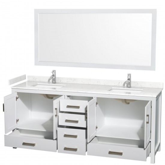 80 Inch Double Bathroom Vanity in White, Carrara Cultured Marble Countertop, Sinks, 70 Inch Mirror