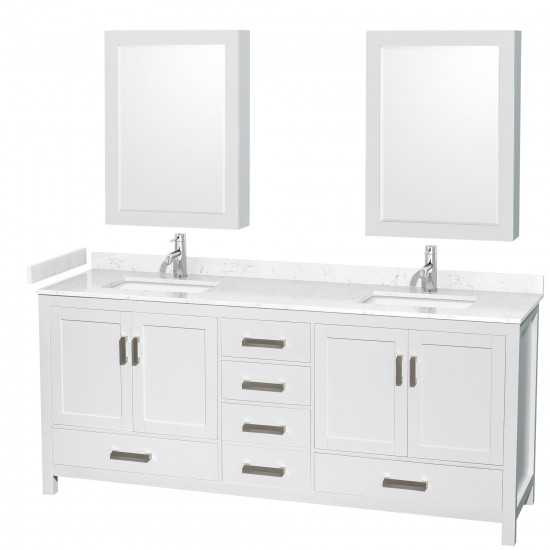 80 Inch Double Bathroom Vanity in White, Carrara Cultured Marble Countertop, Sinks, Medicine Cabinets