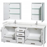 80 Inch Double Bathroom Vanity in White, Carrara Cultured Marble Countertop, Sinks, Medicine Cabinets