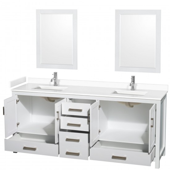 80 Inch Double Bathroom Vanity in White, White Cultured Marble Countertop, Sinks, 24 Inch Mirrors