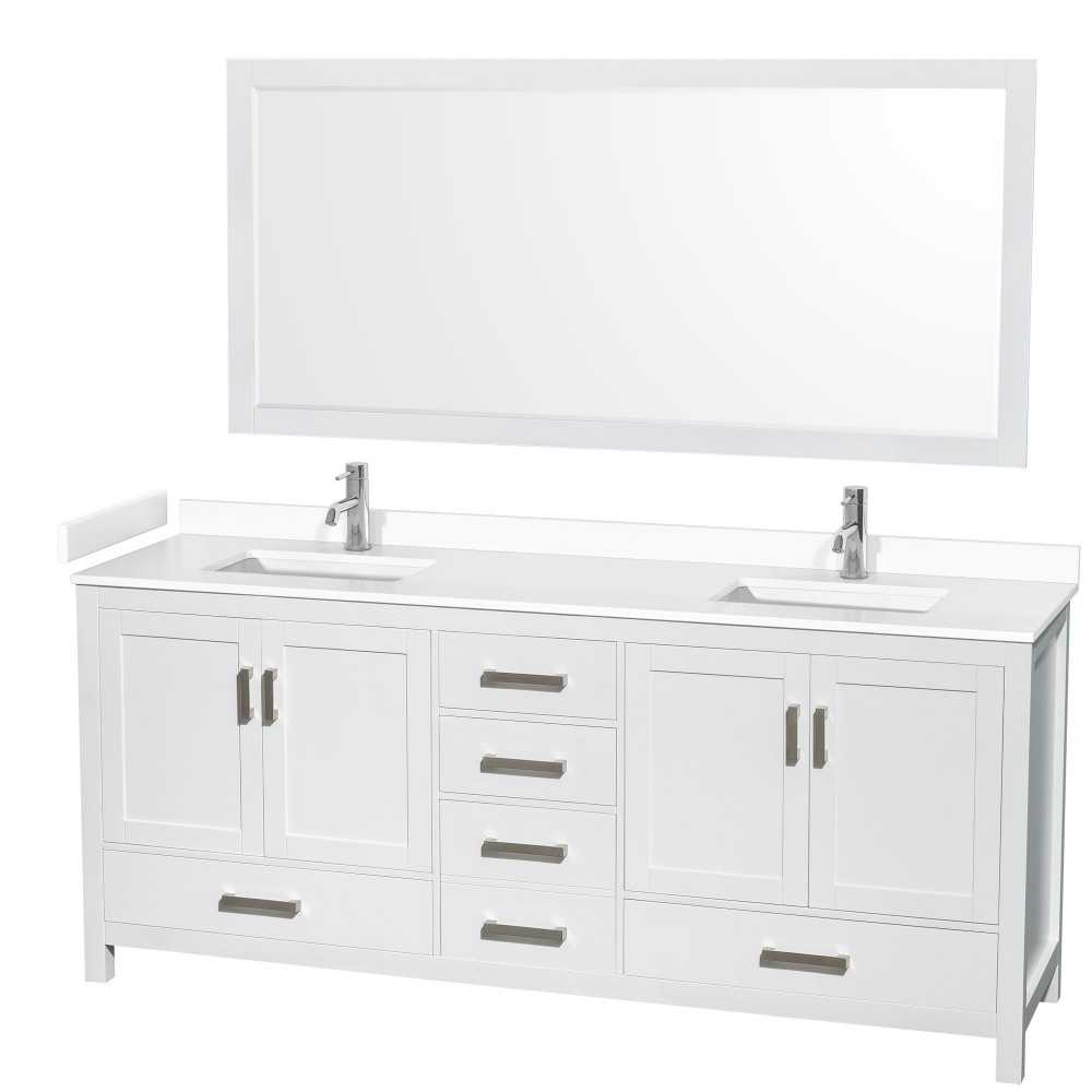 80 Inch Double Bathroom Vanity in White, White Cultured Marble Countertop, Sinks, 70 Inch Mirror