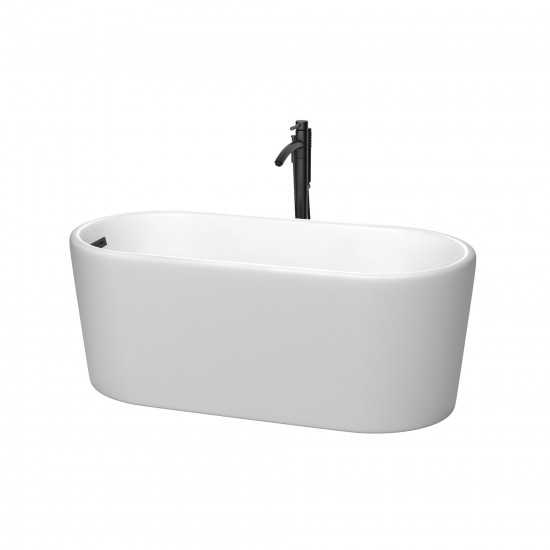 59 Inch Freestanding Bathtub in White, Floor Mounted Faucet, Drain, Trim in Black