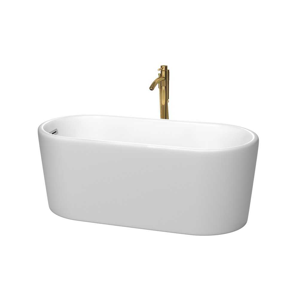 59 Inch Freestanding Bathtub in White, Chrome Trim, Floor Mounted Faucet in Gold