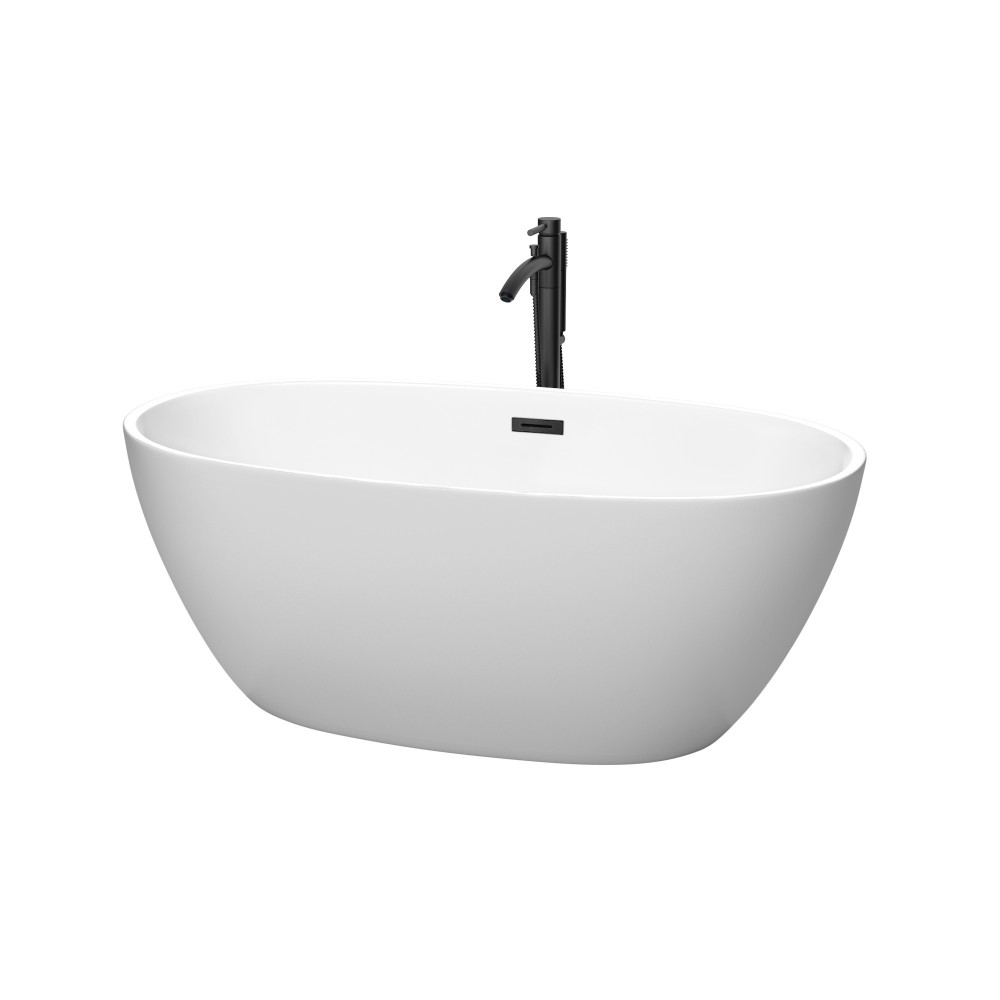 59 Inch Freestanding Bathtub in White, Floor Mounted Faucet, Drain, Trim in Black 59 Inch Freestanding Bathtub in White, Floor Mounted Faucet, Drain, Trim in Black