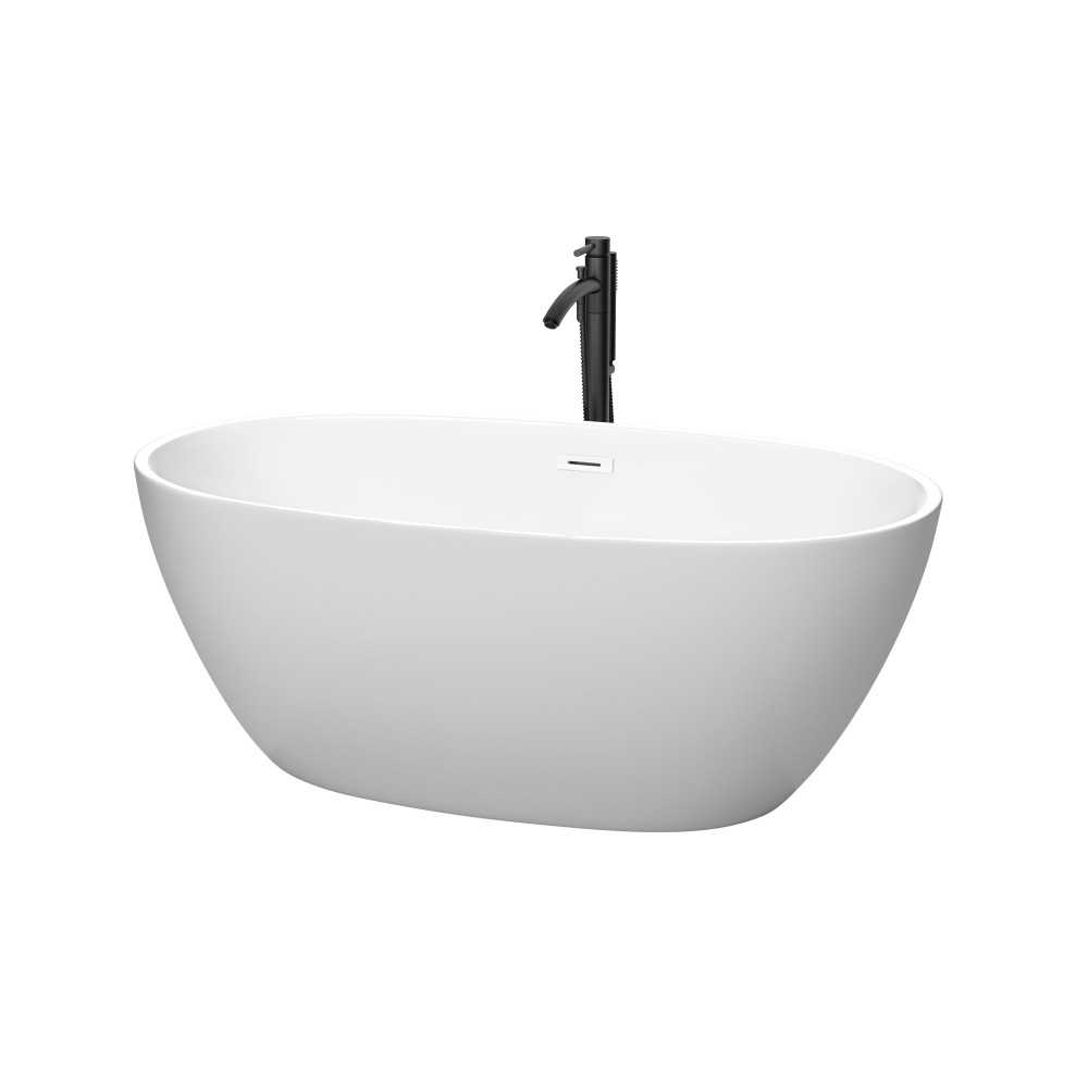 59 Inch Freestanding Bathtub in White, White Trim, Floor Mounted Faucet in Black