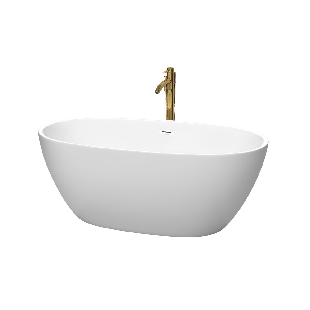 59 Inch Freestanding Bathtub in White, White Trim, Floor Mounted Faucet in Gold