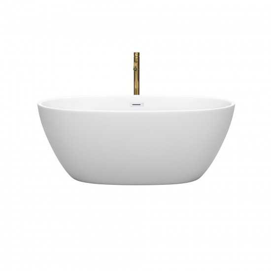 59 Inch Freestanding Bathtub in White, White Trim, Floor Mounted Faucet in Gold