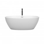 63 Inch Freestanding Bathtub in White, Chrome Trim, Floor Mounted Faucet in Black