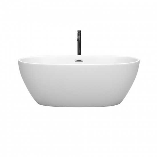 63 Inch Freestanding Bathtub in White, Chrome Trim, Floor Mounted Faucet in Black