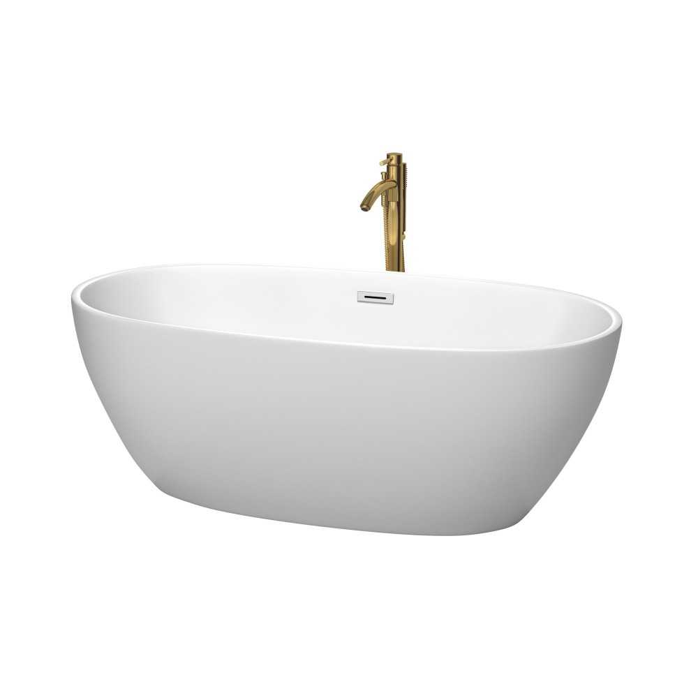 63 Inch Freestanding Bathtub in White, Chrome Trim, Floor Mounted Faucet in Gold