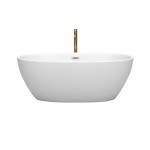 63 Inch Freestanding Bathtub in White, Chrome Trim, Floor Mounted Faucet in Gold