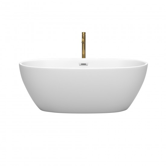 63 Inch Freestanding Bathtub in White, Chrome Trim, Floor Mounted Faucet in Gold