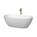 63 Inch Freestanding Bathtub in White, White Trim, Floor Mounted Faucet in Gold