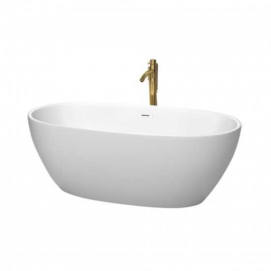 63 Inch Freestanding Bathtub in White, White Trim, Floor Mounted Faucet in Gold