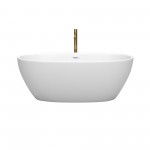 63 Inch Freestanding Bathtub in White, White Trim, Floor Mounted Faucet in Gold