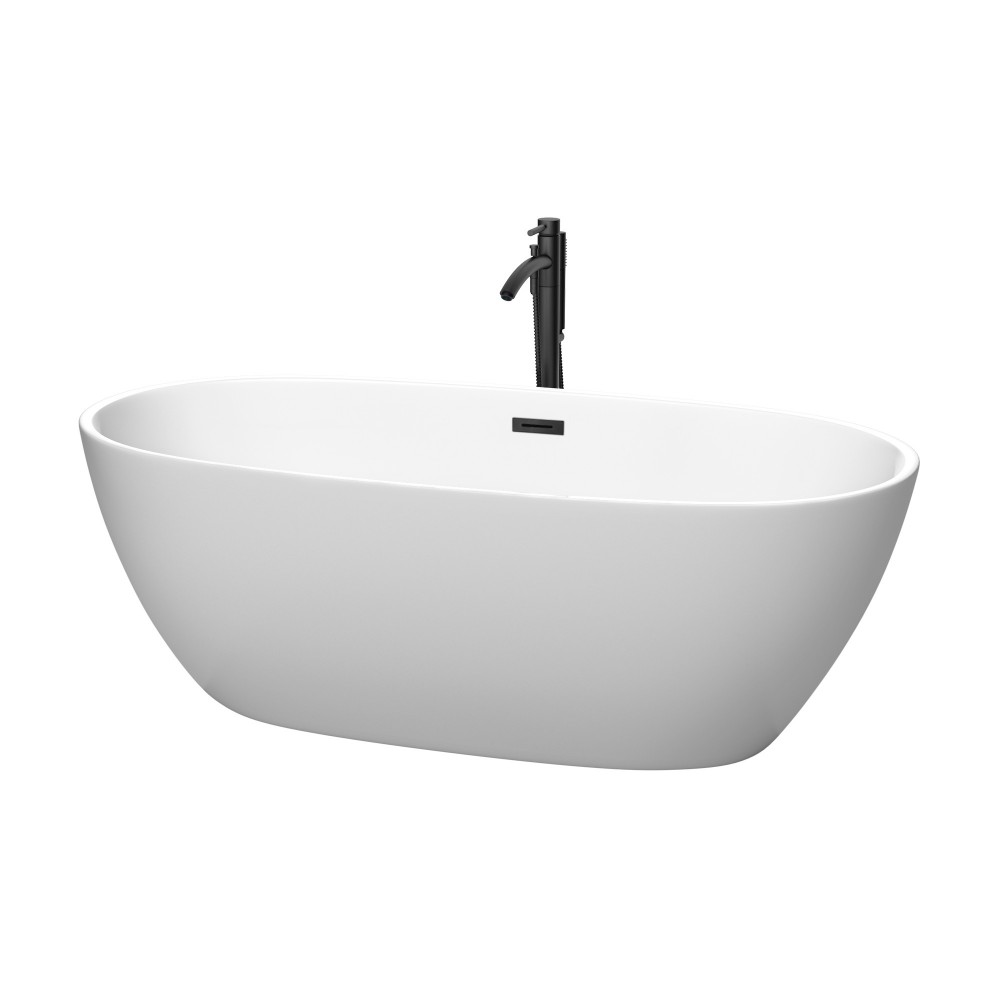 67 Inch Freestanding Bathtub in White, Floor Mounted Faucet, Drain, Trim in Black