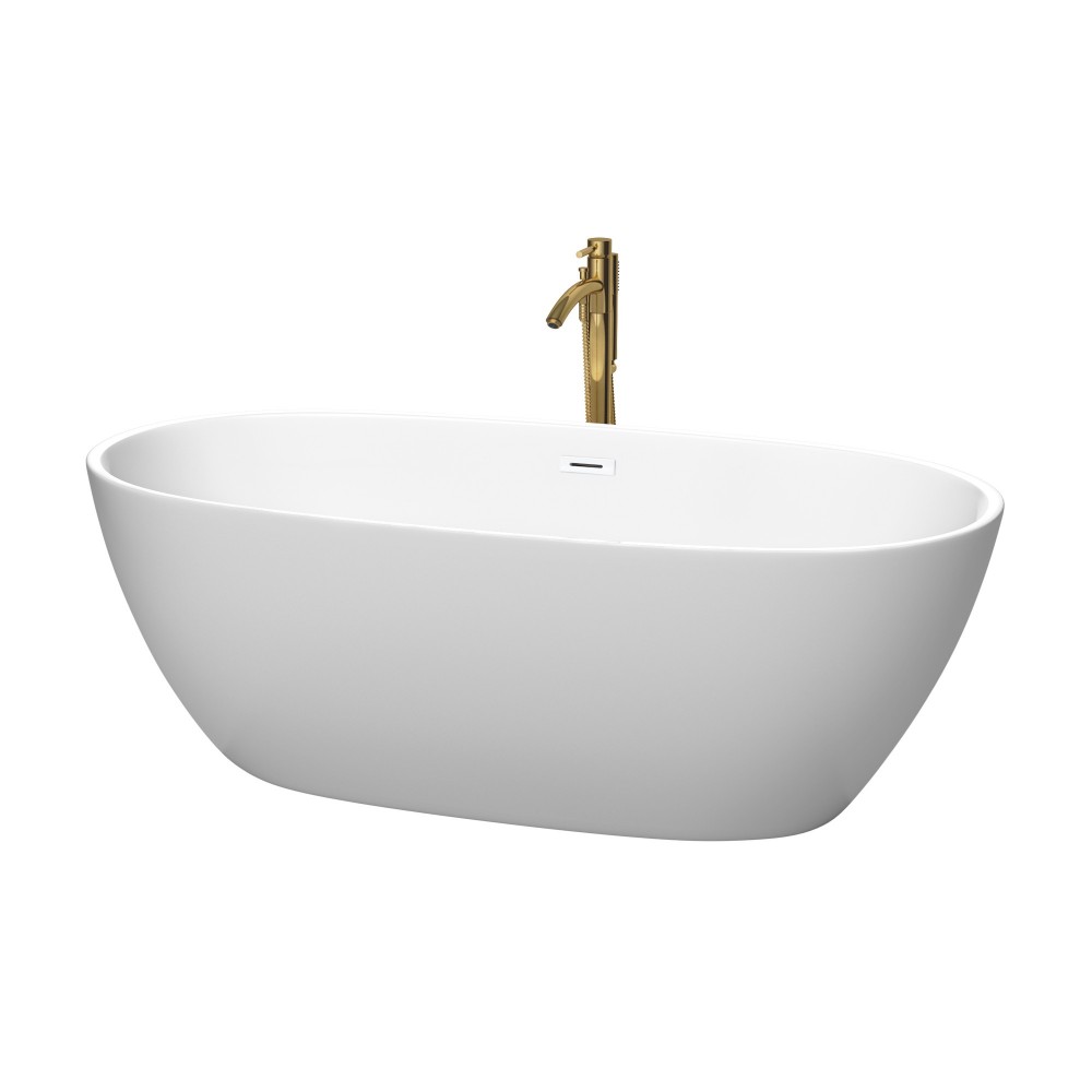 67 Inch Freestanding Bathtub in White, White Trim, Floor Mounted Faucet in Gold 67 Inch Freestanding Bathtub in White, White Trim, Floor Mounted Faucet in Gold