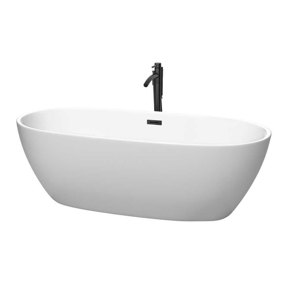 71 Inch Freestanding Bathtub in White, Floor Mounted Faucet, Drain, Trim in Black