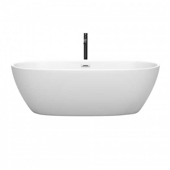 71 Inch Freestanding Bathtub in White, Chrome Trim, Floor Mounted Faucet in Black