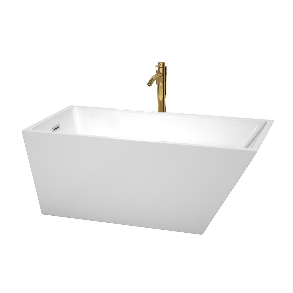 59 Inch Freestanding Bathtub in White, Chrome Trim, Floor Mounted Faucet in Gold 59 Inch Freestanding Bathtub in White, Chrome Trim, Floor Mounted Faucet in Gold