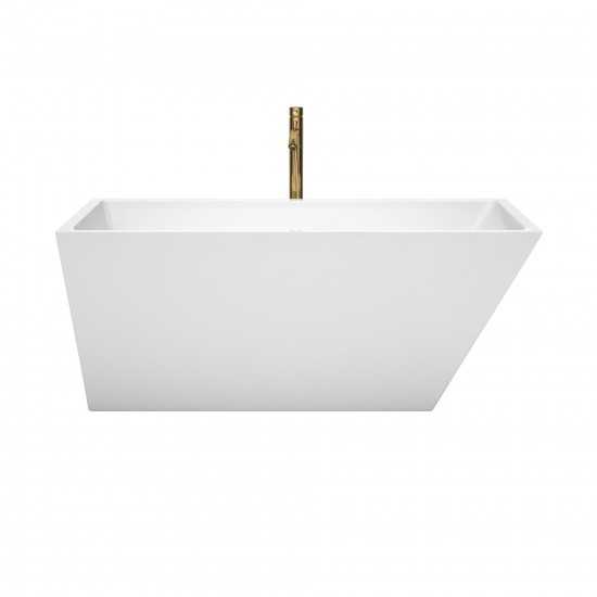 59 Inch Freestanding Bathtub in White, Chrome Trim, Floor Mounted Faucet in Gold