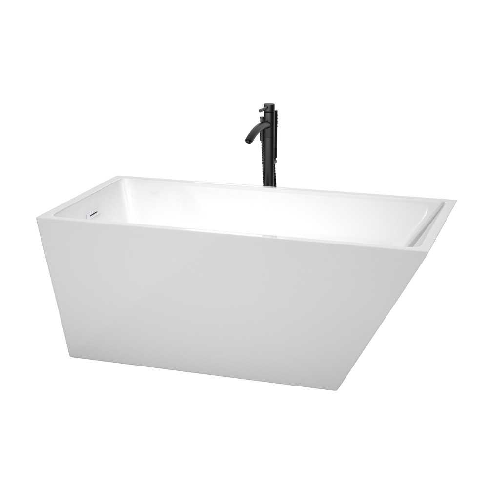 59 Inch Freestanding Bathtub in White, White Trim, Floor Mounted Faucet in Black